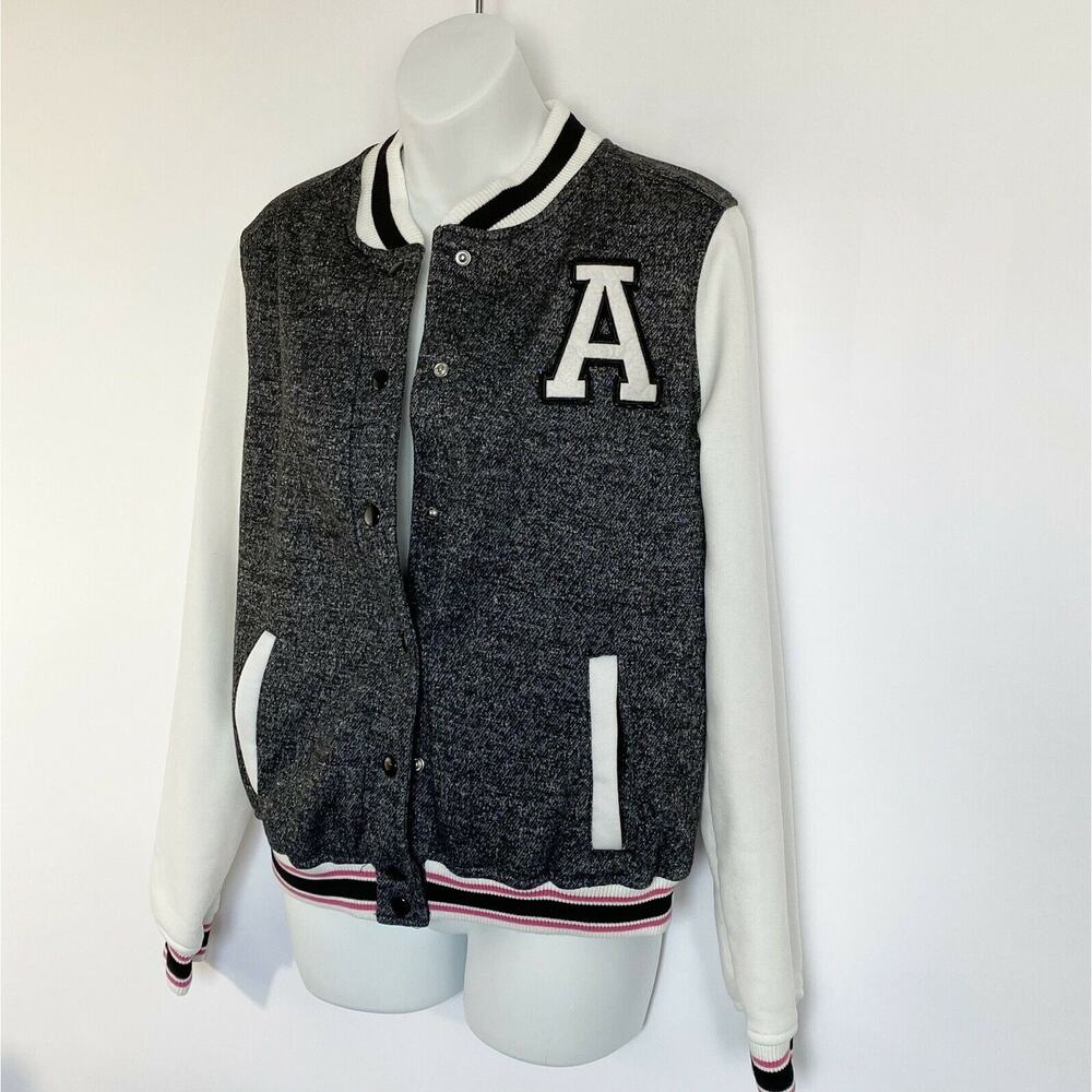 Joe Boxer Size M Sweat Jacket Gray w/ Black/White/Pink strips "A" Patch‎